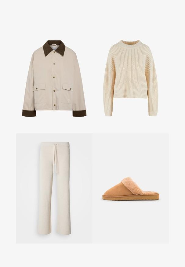 Noisy May Short - Lichte jas - silver; Crèmekleurige gebreide trui met een hoge geribde kraag, brede mouwen en een textuurpatroon over het gehele kledingstuk. Verkorte stijl met een geribde zoom.; Beige wijde broek gemaakt van zachte stof, met een elastische tailleband met een trekkoord en zijsplitten aan de onderkant.; Even&Odd Pantoffels - cognac
