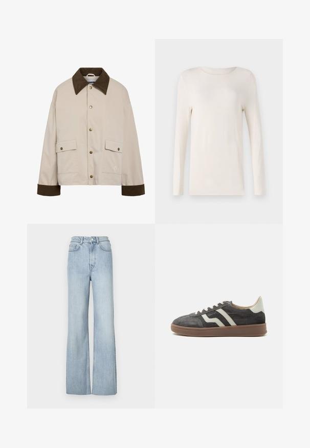 Noisy May Short - Lichte jas - silver; Langemouws-shirt in off-white, gemaakt van zacht materiaal, met een ronde hals en een eenvoudig, getailleerd ontwerp. Gladde textuur, geen patronen.; Lichtblauwe spijkerbroeken met een hoge taille en flared model, uitgerust met voorzakken en subtiele stikseldetails langs de benen.; Grijze corduroy lage sneaker met witte zijstrepen, beige hielstuk, witte veters en bruine rubberen zool.