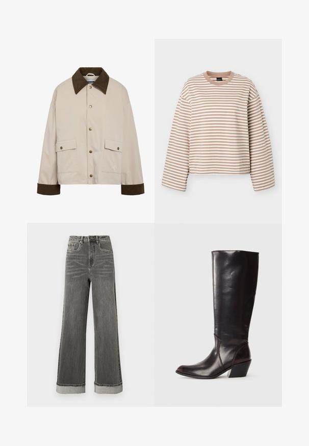 Noisy May Short - Let jakke / Sommerjakker - silver; Langærmet beige og hvid t-shirt med vandrette striber, rund halsudskæring, løs pasform og sænkede skuldersømme på ensfarvet baggrund.; Grå denimjeans med vide ben, høj talje, fem lommer og opbukket kant. Stoffet har en let slidte struktur med synlige syninger.; Knæhøj, mørkebrun læderstøvle med spids tå, vinkelret blokhæl og en glat, blank overflade. Har et enkelt design og syningsdetaljer.