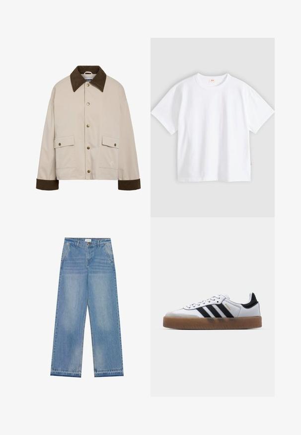 Noisy May Short - Chaqueta fina - silver; Camiseta blanca de algodón con mangas cortas, cuello redondo, ajuste holgado, textura suave y una pequeña etiqueta con logotipo en la costura del lado izquierdo.; Jeans de pierna ancha de cintura alta en azul claro con cierre de botón, bolsillos frontales, pasadores para cinturón y un sutil desgaste.; Zapatillas de cuero blancas con rayas negras, suela de goma, puntera redonda, cierre de cordones y caperuza de ante gris suave.