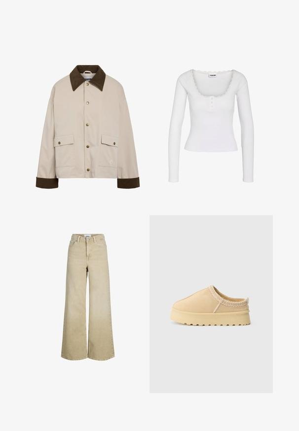Noisy May Short - Let jakke / Sommerjakker - silver; Hvid langærmet ribbet top med bådudskæring, blondekant og tre små knapper på frontklappen.; Beige højttaljede vidde-benet jeans med knap og lynlås foran, bæltestropper og forlommer.; Beige slip-on sko med tykk gummisål, zigzag syning omkring kraven, og strop bagpå på en ensfarvet hvid baggrund.