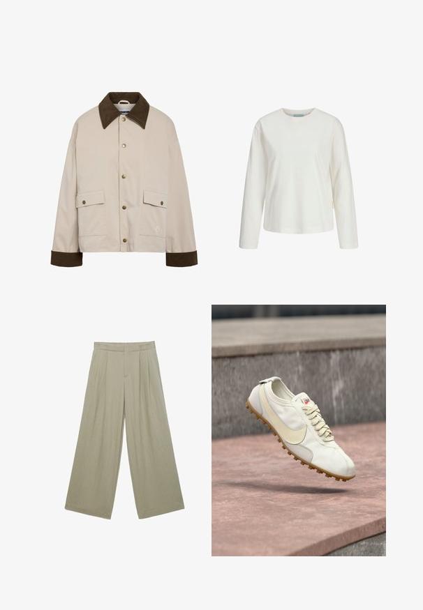 Noisy May Short - Lichte jas - silver; Wit shirt met lange mouwen en ronde hals, gemaakt van zachte stof, afgebeeld tegen een witte achtergrond.; Beige broek met wijde pijpen, voorplooien, een tailleband en een verborgen sluiting aan de voorkant.; Witte en beige sportschoen met veters en een rubberen zool zwevend boven een stenen oppervlak met een wazige betonnen achtergrond.