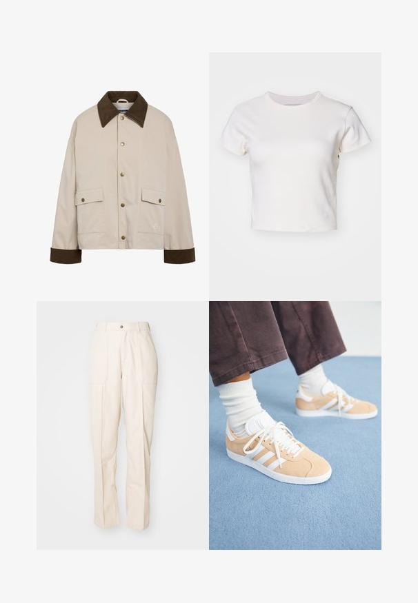 Noisy May Short - Chaqueta fina - silver; Denim Project DPMDPWRIBBED CROPPED T-SHIRT - Camiseta básica - jet stream; Pantalones beige de pierna recta fabricados en una mezcla de algodón. Presentan dos bolsillos frontales, un cierre de botón y detalles de costura visibles.; Zapatillas de ante beige con acentos blancos, que presentan tres rayas, punta redonda y suela texturizada; combinadas con calcetines blancos de caña corta.