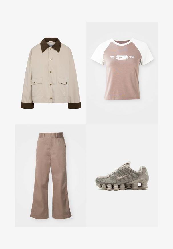 Noisy May Short - Let jakke / Sommerjakker - silver; Kortærmet t-shirt med en lys brun krop og hvide raglanærmer, med et stort hvidt grafisk logo og årstallet "1972" centreret foran.; Brune bomulds brede bukser med høj talje, frontlomme og en glat tekstur. Nederkanten er let flared.; Lysebeige Nike Shox sneaker med synligt søjleformet støddæmpende sål og mesh-detaljer på overdelen.