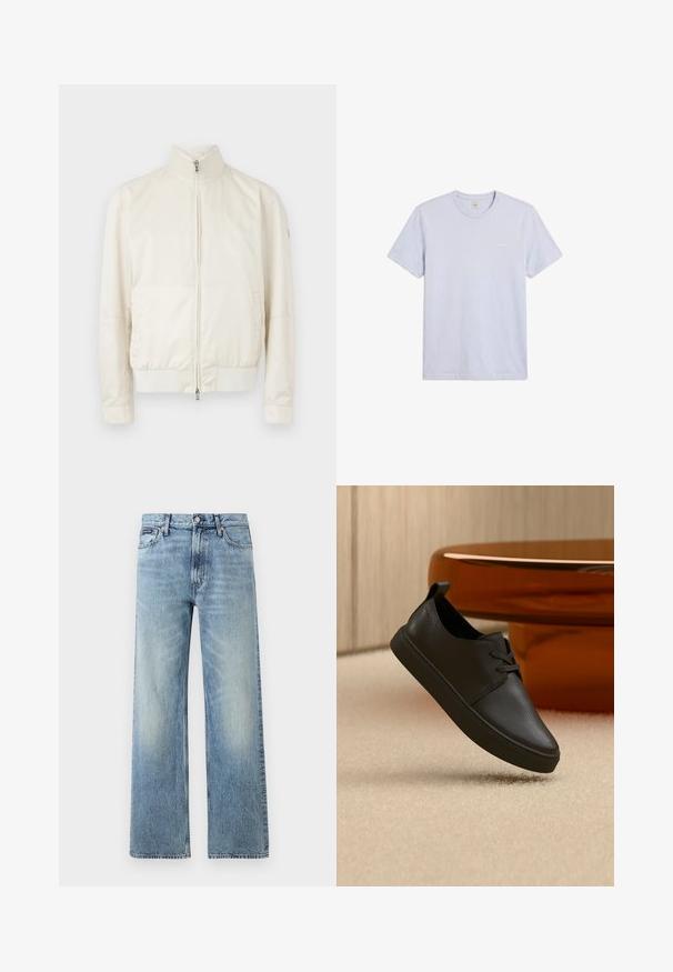 Veste bomber crème clair avec col montant, fermeture éclair, deux poches latérales et un motif texturé subtil. Poignets et ourlet côtelés.; T-shirt uni gris clair à manches courtes et col rond avec petit logo blanc Calvin Klein sur le côté gauche de la poitrine.; Jean droit en denim bleu clair avec taille haute, cinq poches, fermeture à boutons et léger délavage sur les cuisses et les genoux.; Baskets décontractées en cuir noir avec lacets, flottant au-dessus d'un tapis beige, avec une table en verre ambré arrondie en arrière-plan.