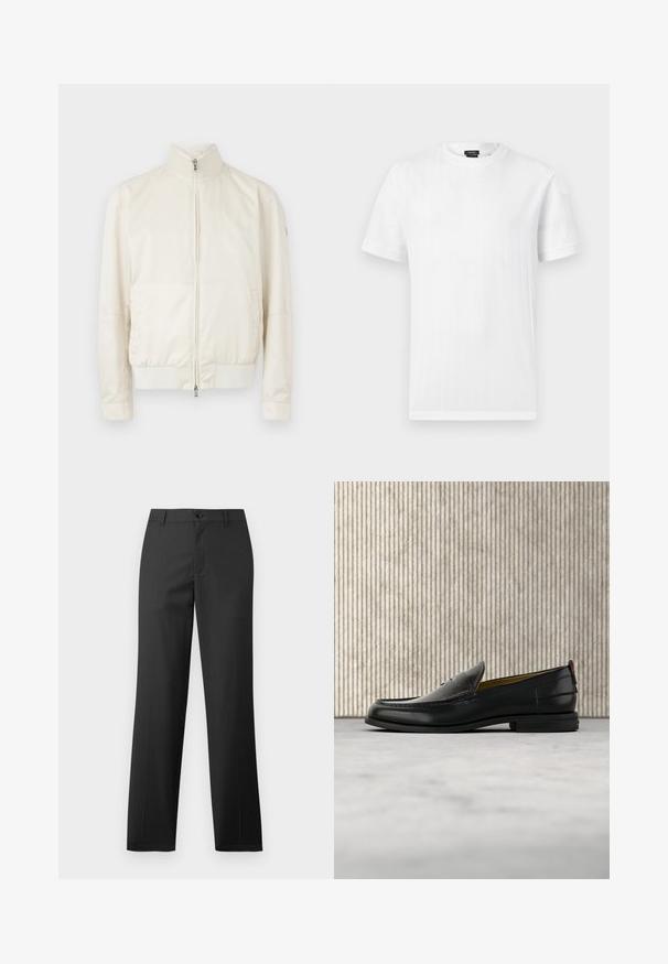 Veste bomber crème clair avec col montant, fermeture éclair, deux poches latérales et un motif texturé subtil. Poignets et ourlet côtelés.; T-shirt blanc à manches courtes et col rond, avec une subtile texture côtelée verticale, présenté sur un fond gris clair uni.; Samsøe Samsøe SAJOHNNY TROUSERS - Pantalon classique - turkish coffee; Mocassin pour homme en cuir noir avec un dessus embossé effet croco et un petit talon, présenté de profil sur un fond neutre.