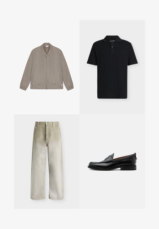 Veste zippée marron et beige à petits carreaux avec col, poignets élastiques et deux poches avant, posée à plat sur fond blanc.; Polo noir manches courtes avec une patte à deux boutons et un col classique, présenté sur un fond gris clair uni.; Jean beige et gris clair à jambes larges, avec poches avant, passants de ceinture et fermeture par bouton.; Mocassin homme en cuir noir avec couture moc toe, bride penny, col texturé et petit talon empilé sur fond blanc.
