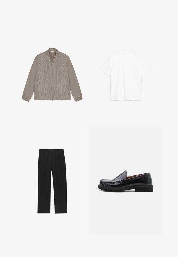 Veste zippée marron et beige à petits carreaux avec col, poignets élastiques et deux poches avant, posée à plat sur fond blanc.; T-shirt en coton blanc avec des manches courtes, col rond, coupe droite. Texture lisse, sans motifs ni accents visibles. Design simple et minimal.; Pantalons noirs au design droit, fabriqués à partir d'un tissu lisse. Dotés de plis sur le devant et d'une fermeture à un bouton à la taille.; Mocassin penny en cuir noir avec semelle en caoutchouc épaisse et couture moc toe, montré de profil sur un fond blanc.