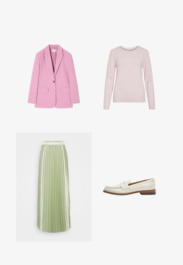 Rosa skræddersyet blazer med spids krave, enkelt knaplukning og to forlommer. Glat stof med minimal tekstur.; Lyserød langærmet strikket sweater med rund halsudskæring og ribstrikkede manchetter og kant, vist på hvid baggrund.; Faldel med plisseringer i lysegrøn satinvævet med en bred talje, der skaber en glat, flydende silhuet.; Hvide læder loafers med en lav, stablet træhælhæl, der har et syet mokkasin-design og en sammenfoldet frontklap.
