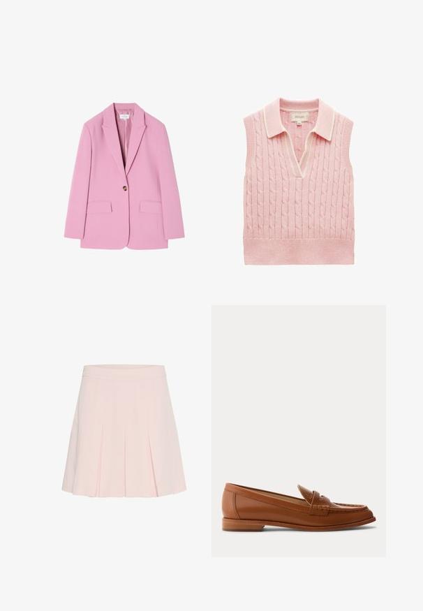Rosa skræddersyet blazer med spids krave, enkelt knaplukning og to forlommer. Glat stof med minimal tekstur.; Ærmeløs, lyserød kabelstrikket sweater-vest med ribkant forneden og i kraven, åben V-udskæring og cremefarvet kant langs kraven.; Lyserød plisseret nederdel med en tætsiddende talje. Fremstillet af blødt stof, den har skarpe folder og en glat tekstur.; Brun læderloafer med lavt træsål, klassisk penny-rem og syet detalje langs tå og sider.