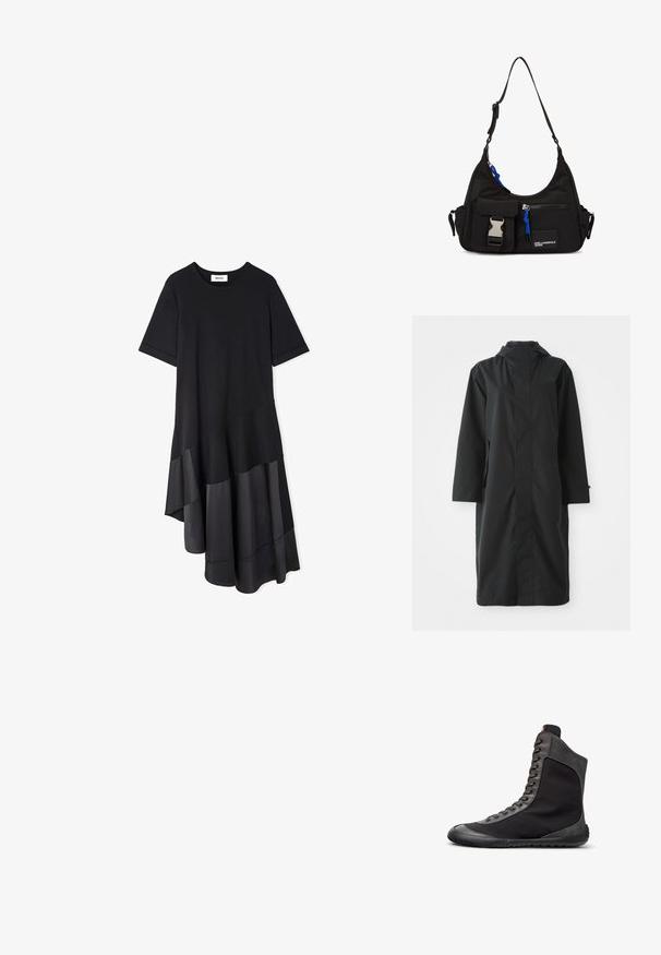 Abrigo negro hecho de un material resistente al agua, con un cuello alto, mangas largas, un diseño minimalista y bolsillos laterales.; Vestido negro de manga corta con escote redondo, dobladillo asimétrico y paneles de tela de satén en la parte inferior.; Zapatilla bota alta negra con ribete de ante gris, cierre de cordones delantero y suela plana de goma, mostrada en perfil de lado derecho sobre fondo blanco.; Bolso de hombro negro de nylon con forma curvada, correa ajustable, bolsillo frontal con cierre, acento azul y detalle de logo.