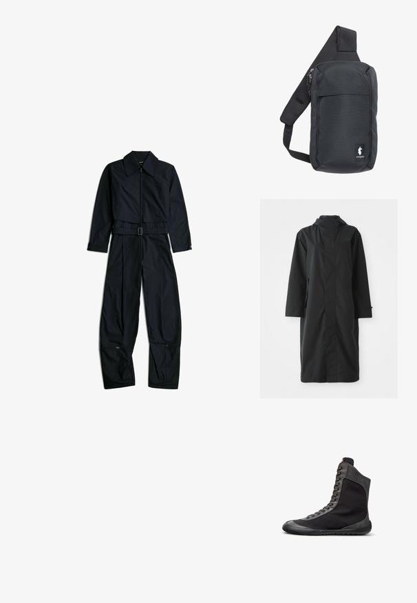 Zwarte regenjas gemaakt van waterafstotend materiaal, met een hoge kraag, lange mouwen, een minimalistisch ontwerp en zijzakken.; Zwarte jumpsuit met lange mouwen en kraag, ritssluiting aan de voorkant, verstelbare riem in de taille en ritsen nabij de onderkant van brede pijpen op een witte achtergrond.; Zwarte hoge sneaker met grijze suède afwerking, veters aan de voorkant en een platte rubberen zool, afgebeeld in een rechter zijaanzicht op een witte achtergrond.; Zwarte crossbodytas gemaakt van duurzaam stof, met een gevoerde, ademende band, ritssluitingen en een logolabel aan de voorkant.