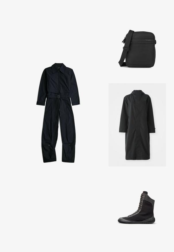 Schwarzer Regenmantel aus wasserabweisendem Material, mit hohem Kragen, langen Ärmeln, minimalistischen Design und seitlichen Taschen.; Schwarzer Overall mit langen Ärmeln, Kragen, vorderem Reißverschluss, verstellbarem Gürtel in der Taille und Reißverschlüssen an den unteren Enden der weiten Hosenbeine auf weißem Hintergrund.; Schwarzer High-Top-Sneaker mit grauem Wildlederbesatz, Schnürung vorne und flacher Gummisohle, gezeigt im rechten Seitenprofil auf weißem Hintergrund.; Kompakte schwarze Crossbody-Tasche mit verstellbarem Träger, vorderer Reißverschlusstasche und Hedgren-Logo auf glatter Stoffoberfläche.