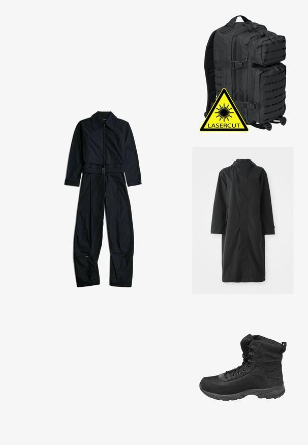 Zwarte regenjas gemaakt van waterafstotend materiaal, met een hoge kraag, lange mouwen, een minimalistisch ontwerp en zijzakken.; Zwarte jumpsuit met lange mouwen en kraag, ritssluiting aan de voorkant, verstelbare riem in de taille en ritsen nabij de onderkant van brede pijpen op een witte achtergrond.; Zwarte hoge tactische laars met mesh- en suède panelen, veters aan de voorkant, gevoerde kraag en robuuste rubberen zool.; Brandit BIG COOPER - Rugzak - black