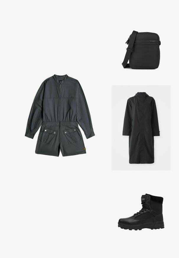 Schwarzer Regenmantel aus wasserabweisendem Material, mit hohem Kragen, langen Ärmeln, minimalistischen Design und seitlichen Taschen.; Dunkelgrauer kurzärmeliger Overall mit Frontreißverschluss, elastischem Bund und zwei mit Knöpfen versehenen Klappentaschen vorne an den Shorts.; Schwarze taktische Stiefel mit glatter Lederoberfläche, Netzpaneelen, verstärkter Zehenpartie und robustem Profil. Mit Schnürdesign und gepolstertem Kragen.; Kompakte schwarze Crossbody-Tasche mit verstellbarem Träger, vorderer Reißverschlusstasche und Hedgren-Logo auf glatter Stoffoberfläche.