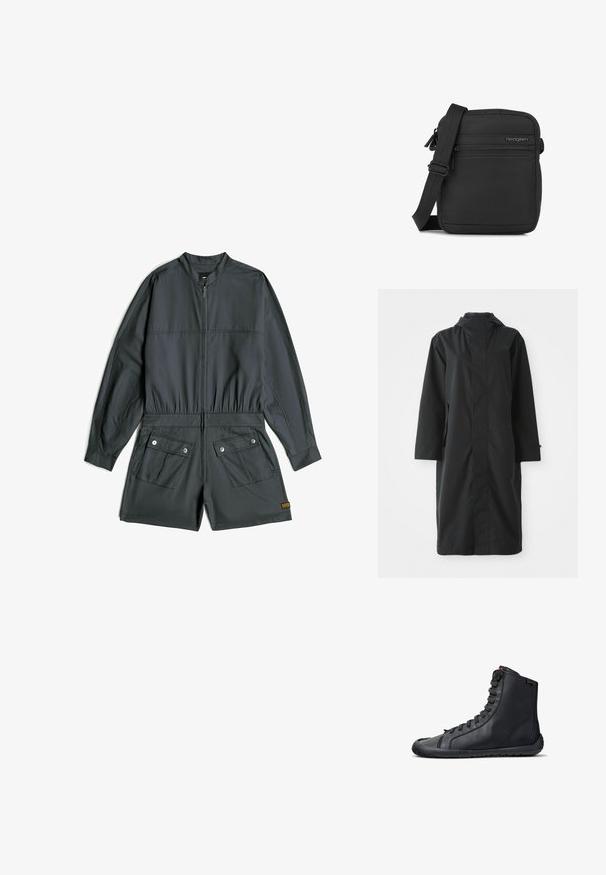 Zwarte regenjas gemaakt van waterafstotend materiaal, met een hoge kraag, lange mouwen, een minimalistisch ontwerp en zijzakken.; Donkergrijze korte jumpsuit met lange mouwen, rits aan de voorkant, elastische taille en twee klepzakken met knopen aan de voorkant van de shorts.; Zwarte hoge leren sneaker met zwarte veters, platte zool en merklabel op het enkelgebied, vanaf de zijkant getoond op een witte achtergrond.; Compact zwart crossbodytasje met verstelbare band, voorvak met ritssluiting en Hedgren-logo op een gladde stofoppervlakte.