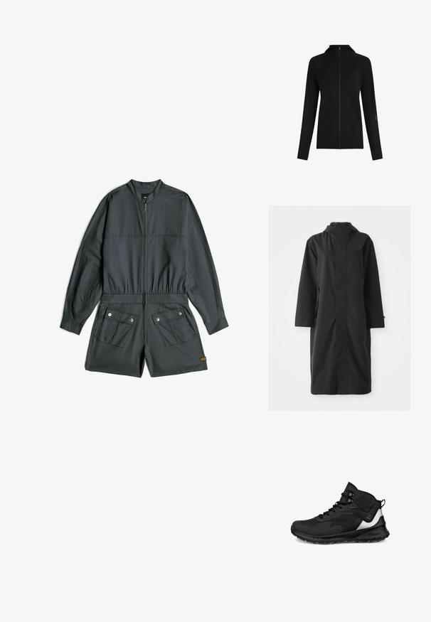 Schwarzer Regenmantel aus wasserabweisendem Material, mit hohem Kragen, langen Ärmeln, minimalistischen Design und seitlichen Taschen.; Dunkelgrauer kurzärmeliger Overall mit Frontreißverschluss, elastischem Bund und zwei mit Knöpfen versehenen Klappentaschen vorne an den Shorts.; Schwarze Kapuzenjacke mit durchgehendem Reißverschluss, langen Ärmeln, Daumenlöchern und dezenten Nahtdetails auf Vorderseite und Ärmeln.; Schwarze wasserdichte Wanderschuhe mit einem strukturierten Mesh-Obermaterial, gepolsteter Sohle und einem markanten silbernen Akzent an der Seite.