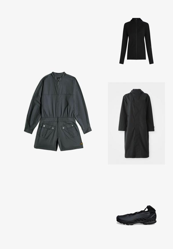 Zwarte regenjas gemaakt van waterafstotend materiaal, met een hoge kraag, lange mouwen, een minimalistisch ontwerp en zijzakken.; Donkergrijze korte jumpsuit met lange mouwen, rits aan de voorkant, elastische taille en twee klepzakken met knopen aan de voorkant van de shorts.; Zwarte volledig ritssluiting jas met capuchon, lange mouwen, duimgaten en subtiele naden aan de voorkant en mouwen.; Zwarte sportschoen met een slank ontwerp, mesh uitsnijdingen aan de zijkant en een hoge enkelkraag met vastgemaakte riemen.
