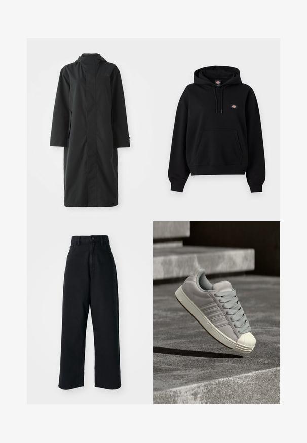 Sort regnjakke lavet af vandafvisende materiale, med højt krave, lange ærmer, minimalistisk design og sidelommer.; Sort pullover-hoodie med frontlomme, justerbar snøre i hætten, ribstrikkede manchetter og kant samt lille multicolor-logo på brystet.; Sorte højtaljede vid ben jeans med frontlommer og knaplukning, præsenteret mod en plain hvid baggrund.; Grå lædersneaker med flade snørebånd, gummiskal foran og diskret tre-stribet design. Har en lys grå foring og gummisål.