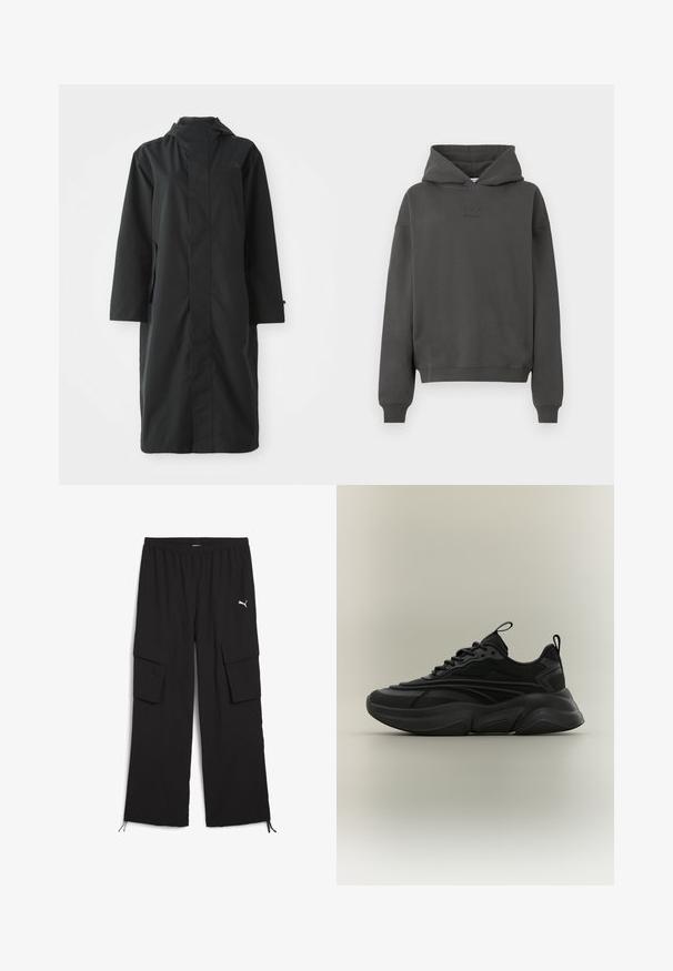 Abrigo negro hecho de un material resistente al agua, con un cuello alto, mangas largas, un diseño minimalista y bolsillos laterales.; Sudadera gris oscuro hecha de un material suave, con capucha ajustable, puños acanalados y un logo discreto impreso en la parte frontal.; Pantalones cargo negros con un diseño de pierna ancha, cintura elástica, dos bolsillos laterales y dobladillos con cordón. Presenta un pequeño logo blanco.; Zapatilla deportiva negra de suela gruesa y texturizada, con cordones delanteros y tiradores de tela en la lengüeta y el talón, presentada sobre un fondo neutro.