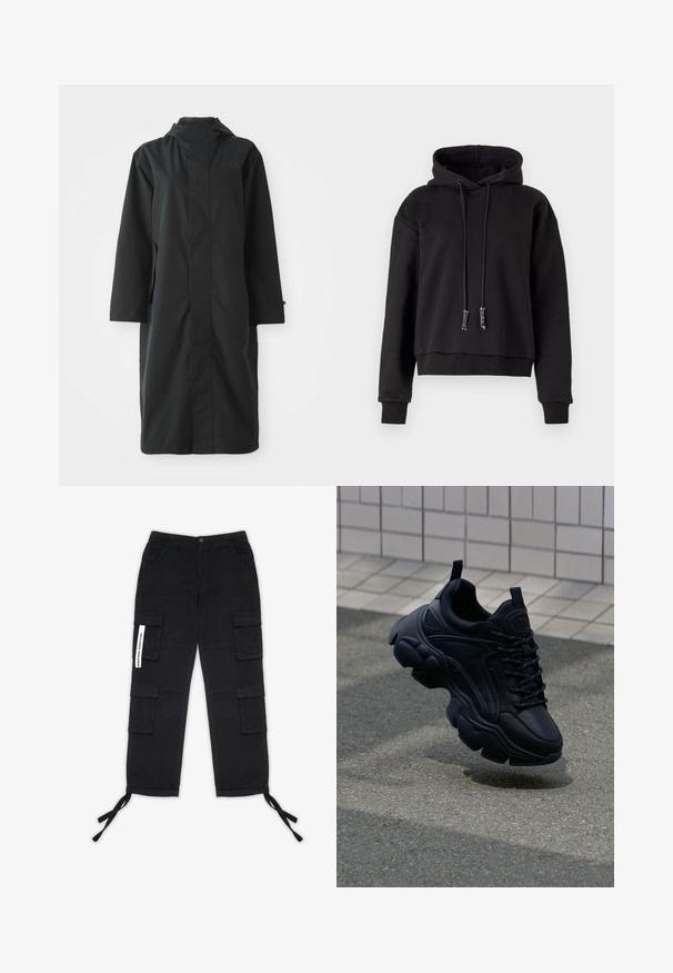 Schwarzer Regenmantel aus wasserabweisendem Material, mit hohem Kragen, langen Ärmeln, minimalistischen Design und seitlichen Taschen.; Schwarzer, verkürzter Hoodie aus weichem Material, mit Kapuze und Kordelzug, langen Ärmeln und gerippten Bündchen am Saum und den Ärmeln.; Pegador TANAMI WIDE PANTS - Cargohose - black; Schwarze Leder-Sneaker mit einem klobigen Design, ausgestattet mit einer dicken Sohle, strukturierten Einsätzen und schwarzen Schnürsenkeln. Schwebt über einem grauen Gehweg.