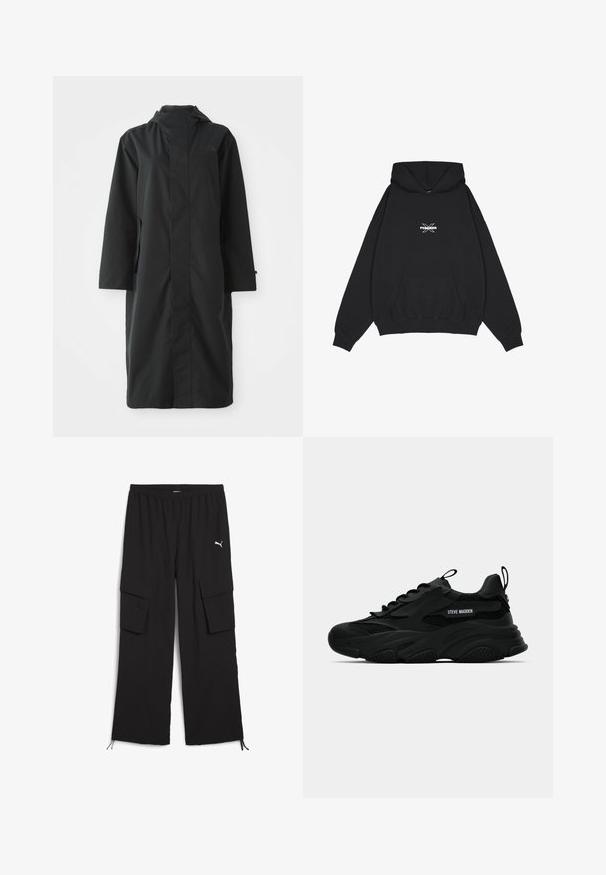 Zwarte regenjas gemaakt van waterafstotend materiaal, met een hoge kraag, lange mouwen, een minimalistisch ontwerp en zijzakken.; Pegador BELLY OVERSIZED HOODIE - Hoodie - washed black; Zwarte cargobroek met een wijd design, elastische tailleband, twee zijzakken en trekkoord bij de pijpen. Bevat een klein wit logo.; Zwarte Steve Madden chunky sneaker met meshpanelen, dikke zool, trekhandvatten op de tong en hiel, zijlogo lettering, getoond in profiel.