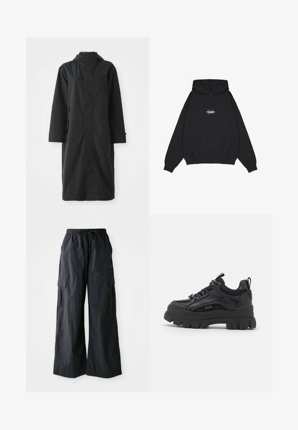 Abrigo negro hecho de un material resistente al agua, con un cuello alto, mangas largas, un diseño minimalista y bolsillos laterales.; Pegador BELLY OVERSIZED HOODIE - Jersey con capucha - washed black; Pantalones cargo negros hechos de una tela ligera, con un diseño de pierna ancha, cinturilla elástica y múltiples bolsillos laterales. Sencillos y funcionales.; Zapatillas negras con suela gruesa, que presentan una mezcla de cuero y malla, punta redondeada y acentos texturizados. Diseño con cordones y tira en la parte posterior.
