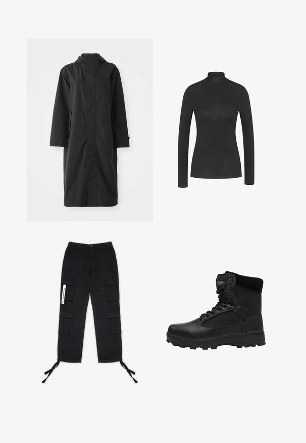 Abrigo negro hecho de un material resistente al agua, con un cuello alto, mangas largas, un diseño minimalista y bolsillos laterales.; Camisa negra de manga larga con cuello alto hecha de tela suave, con un ajuste Slim y un diseño minimalista sin patrones o acentos visibles.; Pegador TANAMI WIDE PANTS - Pantalones cargo - black; Botas tácticas negras con un acabado de cuero liso, paneles de malla, puntera reforzada y suela resistente. Incluyen un diseño de cordones y collar acolchado.