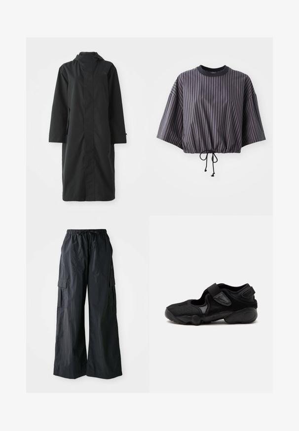 Schwarzer Regenmantel aus wasserabweisendem Material, mit hohem Kragen, langen Ärmeln, minimalistischen Design und seitlichen Taschen.; Kurzärmeliges, tailliertes Oberteil in dunkelgrau mit vertikalen Streifen. Es verfügt über einen Kordelzugsaum und einen runden Halsausschnitt mit einem kontrastierenden schwarzen Besatz.; Schwarze Cargo-Hosen aus leichtem Material, mit weitem Bein-Design, elastischem Bund und mehreren Seitentaschen. Einfach und funktional.; Schwarzer Sportschuh mit abgerundeter Spitze, verstellbaren Riemen und profilierter Sohle, von der Seite auf einfarbigem Hintergrund gezeigt.
