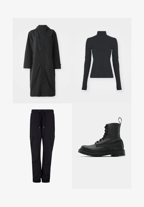 Abrigo negro hecho de un material resistente al agua, con un cuello alto, mangas largas, un diseño minimalista y bolsillos laterales.; Top negro de canalé con cuello alto, de manga larga, forma ajustada, textura suave y ligero estiramiento, diseñado para comodidad y capas.; Pantalones cargo negros de tejido suave, con cintura elástica y cordones, y bolsillos laterales. Diseño de pierna recta.; Botín de combate de cuero negro con punta redonda, parte delantera con cordones y una lengüeta en el tobillo. Presenta una suela de goma gruesa para mayor durabilidad.