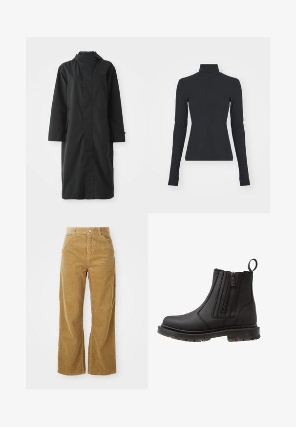 Abrigo negro hecho de un material resistente al agua, con un cuello alto, mangas largas, un diseño minimalista y bolsillos laterales.; Top negro de canalé con cuello alto, de manga larga, forma ajustada, textura suave y ligero estiramiento, diseñado para comodidad y capas.; Pantalones de pana de pierna ancha en marrón claro, con un patrón de canalé texturizado, cinco bolsillos y un botón de cierre en la cintura.; Botín negro sintético hasta el tobillo con cremalleras dobles, punta redonda, suela texturizada y asa en la parte posterior para facilitar su uso.