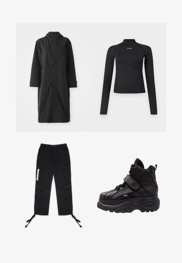 Abrigo negro hecho de un material resistente al agua, con un cuello alto, mangas largas, un diseño minimalista y bolsillos laterales.; Top ajustado de manga larga negro con cuello alzado y el logo blanco "LeGer" centrado en el pecho sobre un fondo blanco.; Pegador TANAMI WIDE PANTS - Pantalones cargo - black; Zapatillas altas negras con suela de goma gruesa, parte superior de cuero, cierres de cordones y tiras de Velcro, y detalles de panel lateral texturizado.