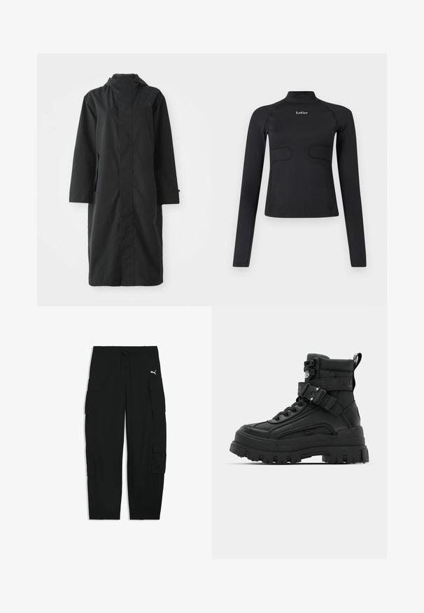 Abrigo negro hecho de un material resistente al agua, con un cuello alto, mangas largas, un diseño minimalista y bolsillos laterales.; Top ajustado de manga larga negro con cuello alzado y el logo blanco "LeGer" centrado en el pecho sobre un fondo blanco.; Pantalones cargo negros con cinturilla elástica, cordón, bolsillos laterales con solapa y un pequeño logo blanco de Puma en el muslo derecho.; Botas negras hasta el tobillo con un upper texturizado, suela gruesa, parte delantera con cordones y correa ajustable que presenta un detalle de logo. Suela de goma con dibujo pronunciado.