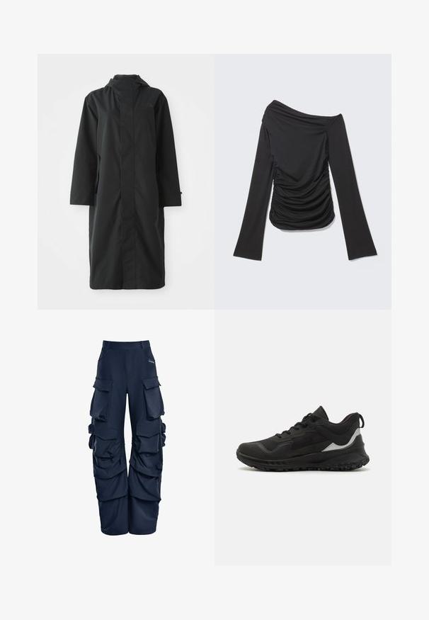 Zwarte regenjas gemaakt van waterafstotend materiaal, met een hoge kraag, lange mouwen, een minimalistisch ontwerp en zijzakken.; Zwarte top met lange mouwen, asymmetrische off-shoulder halslijn en geplooide details aan de zijkanten en voorkant.; Marine cargo shorts met meerdere grote zijzakken, een relaxte pasvorm en gathers aan de zijkanten. Gemaakt van een lichtgewicht materiaal.; Zwarte sportieve schoenen met een textuur op de bovenkant, gladde overlays en een grijze accent. De zool heeft een gemêleerd profiel voor grip.