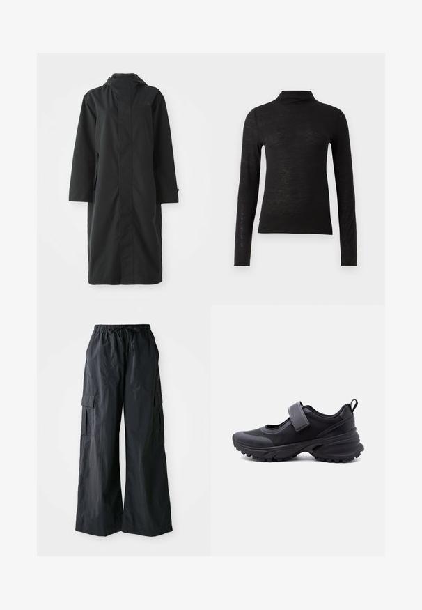 Schwarzer Regenmantel aus wasserabweisendem Material, mit hohem Kragen, langen Ärmeln, minimalistischen Design und seitlichen Taschen.; Schwarzes langärmliges Turtleneck-Oberteil aus einem strukturierten Material, mit schlankem Schnitt und minimalistischer Gestaltung ohne sichtbare Muster oder Hardware.; Schwarze Cargo-Hosen aus leichtem Material, mit weitem Bein-Design, elastischem Bund und mehreren Seitentaschen. Einfach und funktional.; Schwarzer Sportschuh mit robust profilierter Sohle, verstellbarem Riemen über dem Spann und Zuglasche an der Ferse, seitlich auf weißem Hintergrund abgebildet.