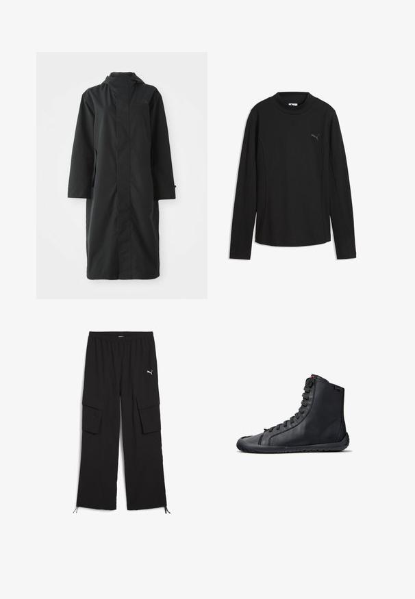Schwarzer Regenmantel aus wasserabweisendem Material, mit hohem Kragen, langen Ärmeln, minimalistischen Design und seitlichen Taschen.; Schwarzes, langärmeliges, geripptes Shirt mit Stehkragen und kleinem Puma-Logo auf der oberen linken Brust.; Schwarze Cargo-Hosen mit weitem Bein, elastischem Bund, zwei Seitentaschen und Kordelzugsäumen. Mit einem kleinen weißen Logo.; Schwarzer High-Top Ledersneaker mit schwarzen Schnürsenkeln, flacher Sohle und Markenetikett im Knöchelbereich, von der Seite auf weißem Hintergrund gezeigt.