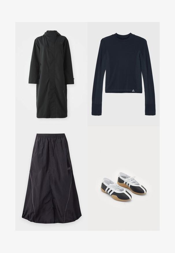 Sort regnjakke lavet af vandafvisende materiale, med højt krave, lange ærmer, minimalistisk design og sidelommer.; Langærmet navy top i ribbestrik med prikkede detaljer langs ærmerne og en høj halsudskæring. Varemærkets logo i nederste venstre hjørne.; Sort let nylon atletisk nederdel med elastisk talje og diskret reflekterende piping langs siderne, New Balance-logo på højre side.; Sort-hvide sportsko med et slankt design, gummisål, snørebåndslukning og tre hvide striber på siden.