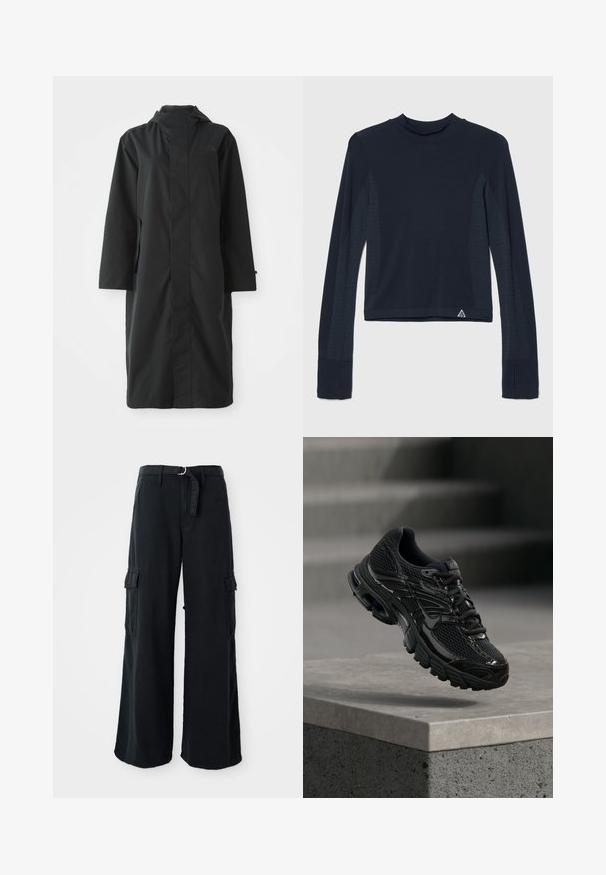Sort regnjakke lavet af vandafvisende materiale, med højt krave, lange ærmer, minimalistisk design og sidelommer.; Langærmet navy top i ribbestrik med prikkede detaljer langs ærmerne og en høj halsudskæring. Varemærkets logo i nederste venstre hjørne.; Sorte bredbenede cargo-bukser lavet af bomuld med et bånd, der kan bindes, og som har to sidelommer samt en glat stofstruktur.; Sort Nike løbesko med mesh og syntetisk overdel, der svæver over en betonoverflade og trin i baggrunden.