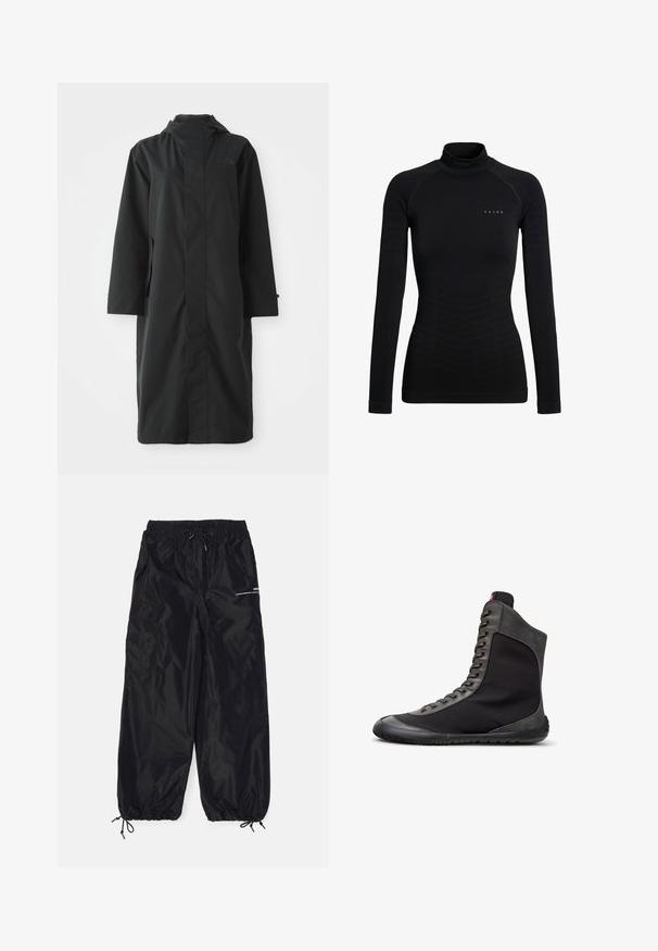 Sort regnjakke lavet af vandafvisende materiale, med højt krave, lange ærmer, minimalistisk design og sidelommer.; Sort langærmet polotrøje lavet af strækstof. Har en figursyet pasform med ribbestrikdetaljer og et lille mærkelogo på brystet.; Sorte cargobukser lavet af blank nylon med elastisk talje, justerbar snor, sidelommer og elastiske manchetter.; Sort højtopsneaker med grå ruskindskant, snørelukning foran og en flad gummisål vist i højre sideprofil på hvid baggrund.