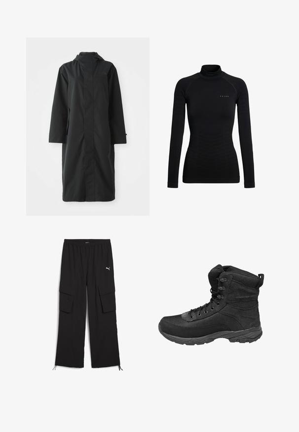 Abrigo negro hecho de un material resistente al agua, con un cuello alto, mangas largas, un diseño minimalista y bolsillos laterales.; Camiseta de manga larga negra con cuello alto, confeccionada en tela elástica. Presenta un diseño ajustado con detalles acanalados y un pequeño logo de la marca en el pecho.; Pantalones cargo negros con un diseño de pierna ancha, cintura elástica, dos bolsillos laterales y dobladillos con cordón. Presenta un pequeño logo blanco.; Bota táctica negra de caña alta con paneles de malla y ante, cierre de cordones, collar acolchado y suela de goma resistente.