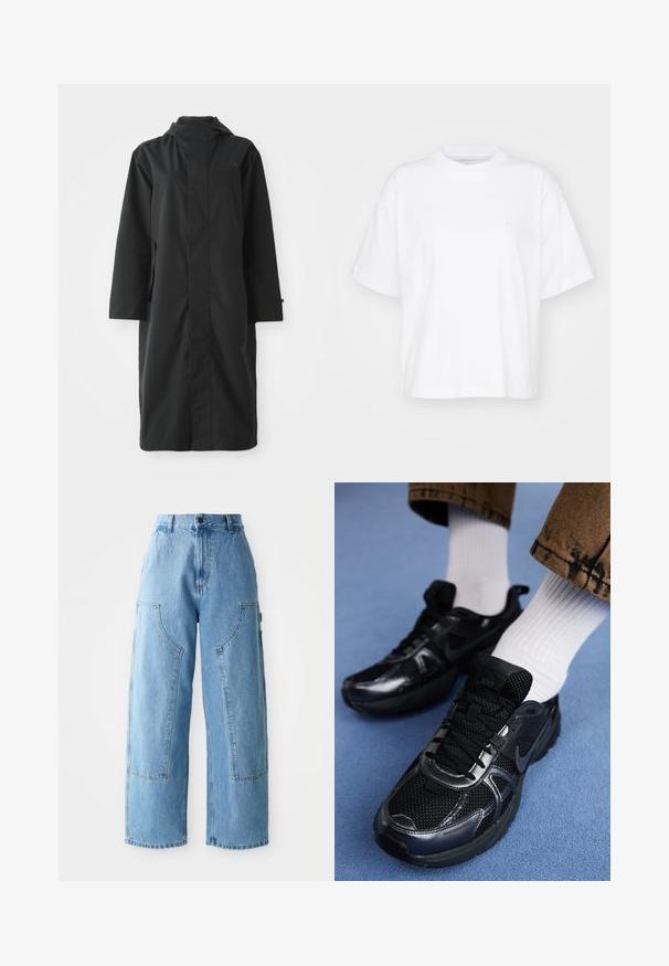 Schwarzer Regenmantel aus wasserabweisendem Material, mit hohem Kragen, langen Ärmeln, minimalistischen Design und seitlichen Taschen.; Weißes Baumwoll-T-Shirt mit Rundhalsausschnitt, kurzen Ärmeln und lockerer Passform. Verfügt über ein dezentes Logo auf der linken Brustseite. Glatte Textur.; Helle blaue High-Waist-Jeans mit weitem Bein, großen seitlichen aufgesetzten Taschen und sichtbarer Naht auf weißem Hintergrund.; Schwarze Nike-Sneaker aus Mesh und synthetischem Material mit strukturierter Oberseite, schwarzen Schnürsenkeln und strapazierfähigen Gummisohlen. Weiße, gerippte Socken sind sichtbar.