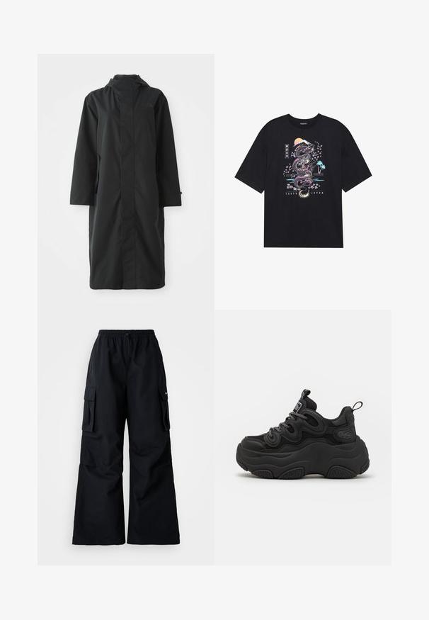 Abrigo negro hecho de un material resistente al agua, con un cuello alto, mangas largas, un diseño minimalista y bolsillos laterales.; Camiseta negra con un gráfico colorido de un dragón, flores de cerezo, sol y montaña. El texto dice "Tokio Japón" debajo del diseño.; Pantalones cargo negros de pierna ancha, con cinturilla elástica, cordón ajustable y dos bolsillos laterales. Hechos de un tejido suave y ligero.; Zapatilla negra con un diseño voluminoso, que presenta una parte superior texturizada, paneles de malla y una suela de goma gruesa. Cuerdas reflectantes y detalles de marca visibles.
