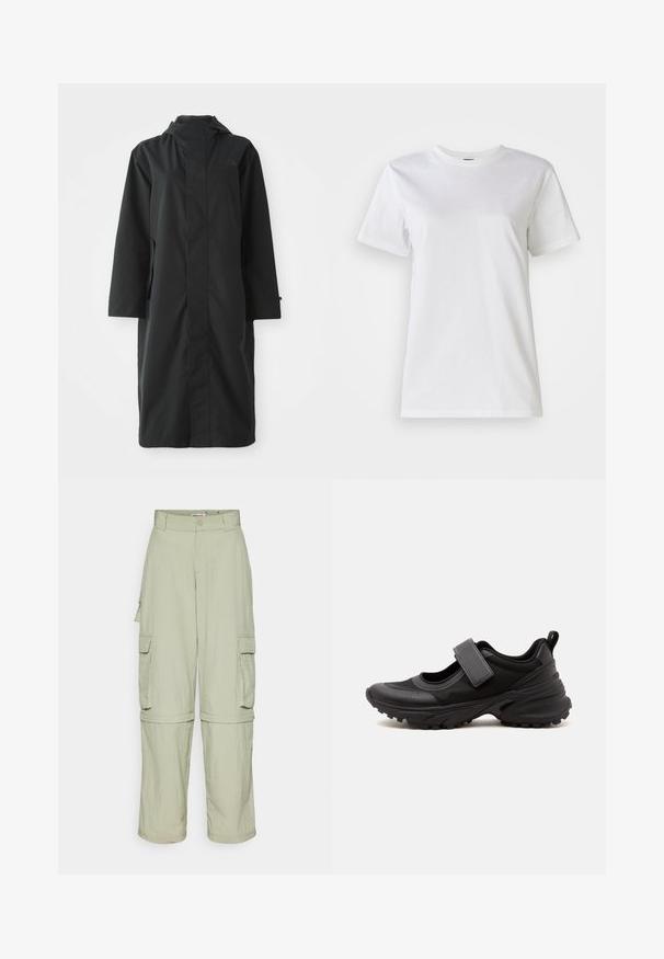 Abrigo negro hecho de un material resistente al agua, con un cuello alto, mangas largas, un diseño minimalista y bolsillos laterales.; Camiseta blanca de algodón con cuello redondo y mangas cortas. La tela es suave con una textura agradable y sin patrones ni acentos visibles.; Pantalones cargo de color beige claro con lazos para cinturón, bolsillos laterales con solapa, y piernas desmontables que se convierten en pantalones cortos.; Zapato deportivo negro estilo Mary Jane con suela gruesa con dibujo, correa ajustable en la parte superior y lengüeta en el talón.