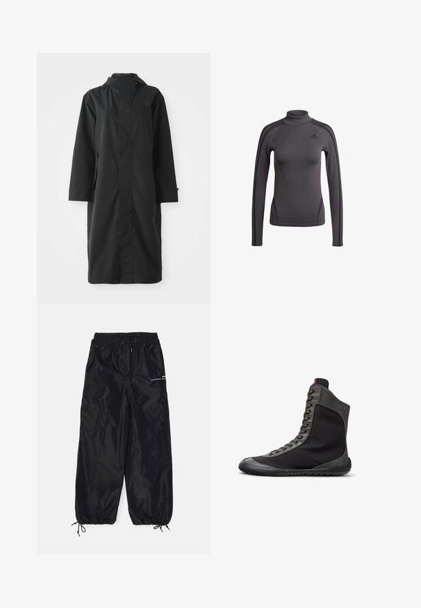 Sort regnjakke lavet af vandafvisende materiale, med højt krave, lange ærmer, minimalistisk design og sidelommer.; Grå langærmet top med høj krave, der har tekstureret stof og sorte accentstriber på skuldrene, med et Adidas-logo på brystet.; Sorte cargobukser lavet af blank nylon med elastisk talje, justerbar snor, sidelommer og elastiske manchetter.; Sort højtopsneaker med grå ruskindskant, snørelukning foran og en flad gummisål vist i højre sideprofil på hvid baggrund.