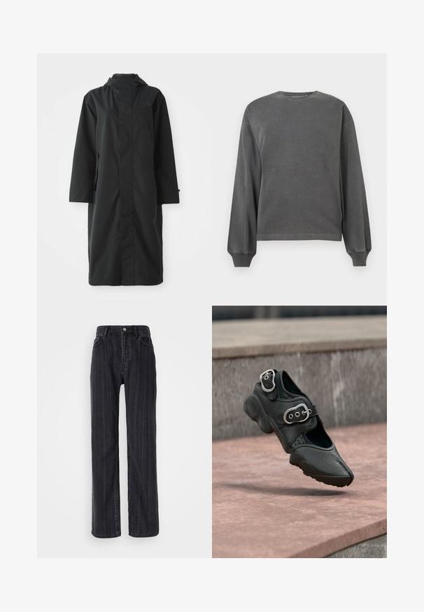 Zwarte regenjas gemaakt van waterafstotend materiaal, met een hoge kraag, lange mouwen, een minimalistisch ontwerp en zijzakken.; Grijze sweatshirt met lange mouwen en ronde hals, gemaakt van zachte stof. Beschikt over ribbenmanchetten en een losse pasvorm. Minimalistisch ontwerp, zonder patronen.; Hoge taille zwarte denim jeans met een verticale streepjespatroon, rechte pasvorm en een metalen knoopsluiting aan de voorkant.; Zwarte schoen met gespleten teen, twee zilveren gespen, dikke zool en geperforeerde details, zwevend boven een stenen oppervlak.