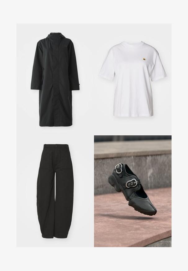 Sort regnjakke lavet af vandafvisende materiale, med højt krave, lange ærmer, minimalistisk design og sidelommer.; Hvid bomulds-t-shirt med en afslappet pasform, korte ærmer og et lille broderet logo på venstre brystområde.; Bredde ben sorte bukser lavet af bomuld, med høj talje, knaplukning foran og sidelommer for funktionalitet.; Sort sko med delt tå og to sølvspændere, tyk sål og perforerede detaljer, svævende over en stenovertagelse.