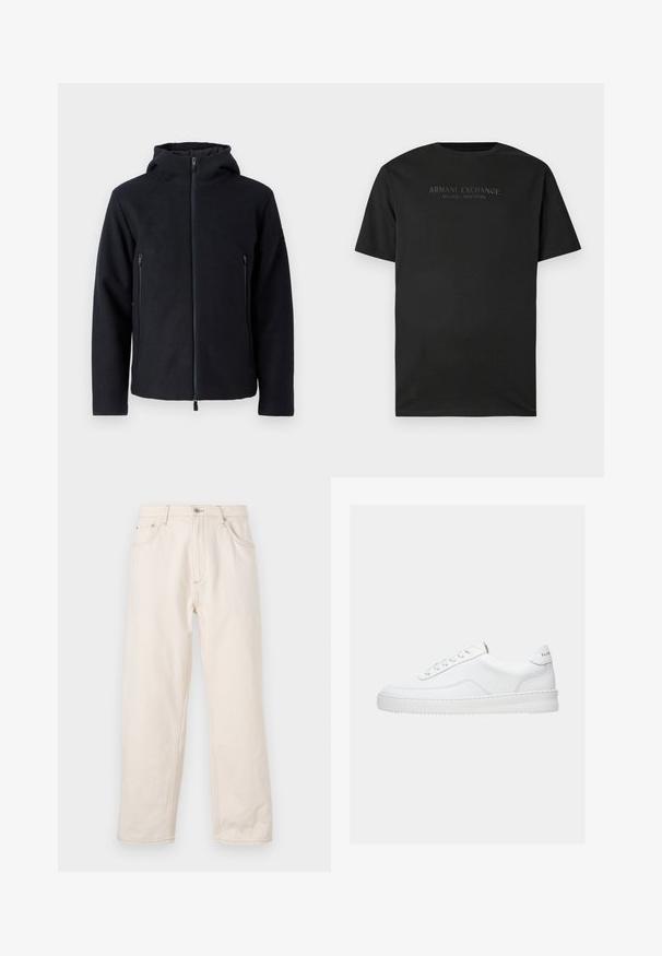 Donker marineblauwe zip-up hoodie met een hoge kraag en twee voorzakken met rits. Gemaakt van zachte, gestructureerde stof voor warmte en comfort.; Zwarte korte mouwen crew neck t-shirt met "ARMANI EXCHANGE MILANO / NEW YORK" in kleine donkergrauwe letters op de borst gedrukt.; Beige rechte jeans gemaakt van denim, met een knoopsluiting, vijf zakken en zichtbare stikseldetails. Gladde textuur.; Witte lage sneaker met vetersluiting, glad leren bovenwerk en dikke zool, gezien vanuit de zijkant tegen een effen achtergrond.