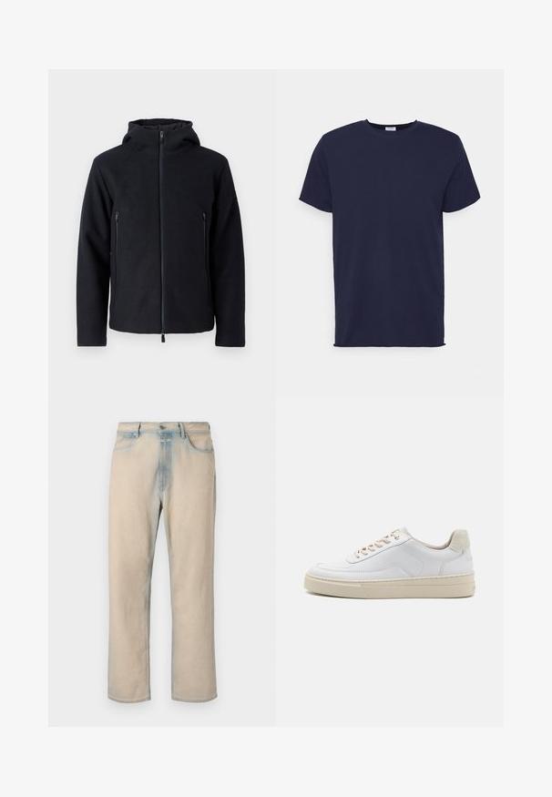Donker marineblauwe zip-up hoodie met een hoge kraag en twee voorzakken met rits. Gemaakt van zachte, gestructureerde stof voor warmte en comfort.; Navyblauwe T-shirt met korte mouwen van zachte stof. Heeft een ronde hals en een rechte snit zonder patronen of accenten.; Licht beige denim jeans met een rechte pijpdesign, vervaagde blauwe accenten, vijf zakken en een knoopsluiting in de taille.; Witte sneaker met een gevoerd leren bovenwerk, beige veters en een gestructureerde beige suede hieltab. Verhoogde zool voor extra hoogte.
