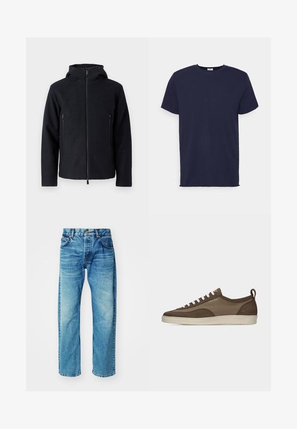 Donker marineblauwe zip-up hoodie met een hoge kraag en twee voorzakken met rits. Gemaakt van zachte, gestructureerde stof voor warmte en comfort.; Navyblauwe T-shirt met korte mouwen van zachte stof. Heeft een ronde hals en een rechte snit zonder patronen of accenten.; Blauwe denim jeans met een ontspannen pasvorm, voorzien van vijf zakken, een knopenfly, subtiele vervaging en een licht afgeknipte zoom.; Lage bruine sneaker met witte veters, beige zool, bovenwerk van stof en suède, zijlus en "Tiger of Sweden" logo in gouden tekst.