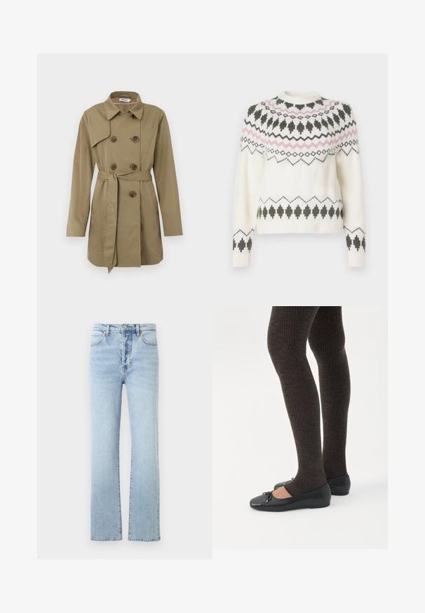 Knee-length beež trench coat kahekordsete kilpkonnapatentidega nupud, vöökoht, lai krae ja pikad varrukad.; Valge lõngaga kootud sviiter mustade ja roosade geomeetriliste mustritega rinna, varrukate ja äärise juures, ümmarguse kaeluse ning soonikute varrukatega.; Heledad sinised teksad sirge säärega, kõrge vöökoht, klassikaline viie taskuga stiil ja kerge kulumine.; Jalad seljas tumedad soonelises soonelises kombines mustade baleriinadega, millel on väikesed paelade detailid valgel taustal.